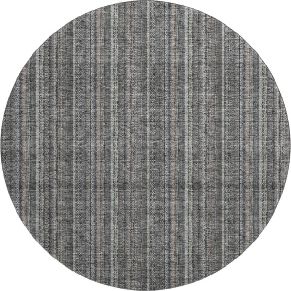 HomeRoots 8' Gray and Silver Striped Washable Round Rug with UV Protection for Stylish, Durable Home Decor 677546