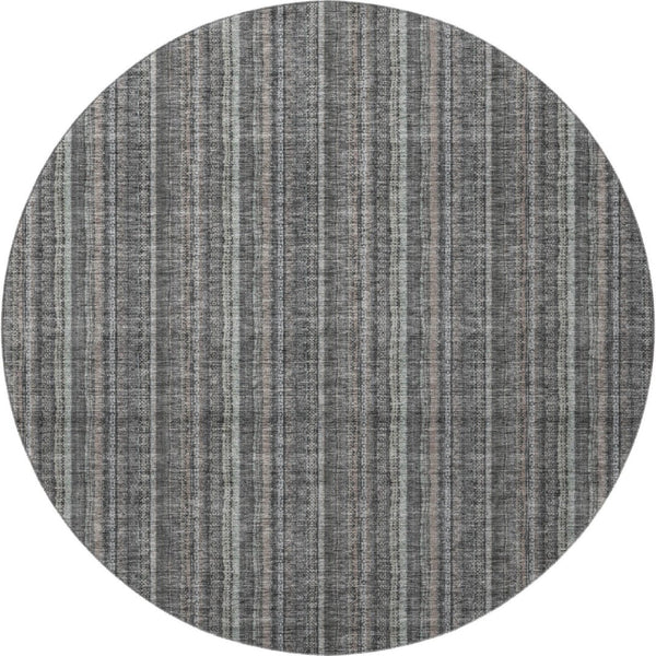 HomeRoots 8' Gray and Silver Striped Washable Round Rug with UV Protection for Stylish, Durable Home Decor 677546