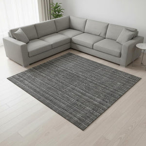 HomeRoots 9' X 12' Gray and Silver Striped Washable Area Rug - Durable, Stain Resistant, UV Protected Design 677548