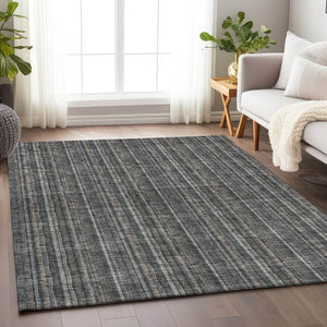 HomeRoots 9' X 12' Gray and Silver Striped Washable Area Rug - Durable, Stain Resistant, UV Protected Design 677548