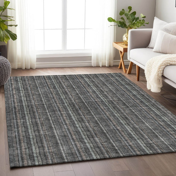 HomeRoots 9' X 12' Gray and Silver Striped Washable Area Rug - Durable, Stain Resistant, UV Protected Design 677548