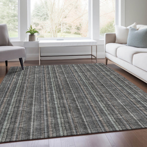 HomeRoots 9' X 12' Gray and Silver Striped Washable Area Rug - Durable, Stain Resistant, UV Protected Design 677548