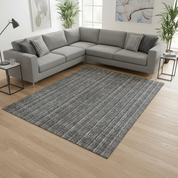 HomeRoots 10' X 14' Gray And Silver Striped Area Rug - Durable, Washable, UV Protected for Family Spaces 677549