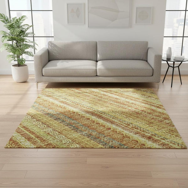 HomeRoots 5' X 8' Striped Area Rug in Amber and Artichoke Green - Washable, UV-Protected, Stylish & Durable! 677551