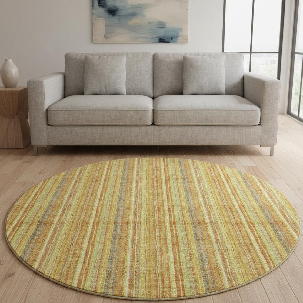 HomeRoots 8' Washable Round Rug in Amber & Artichoke Green Stripes – UV Protected for Indoor & Outdoor Use 677552