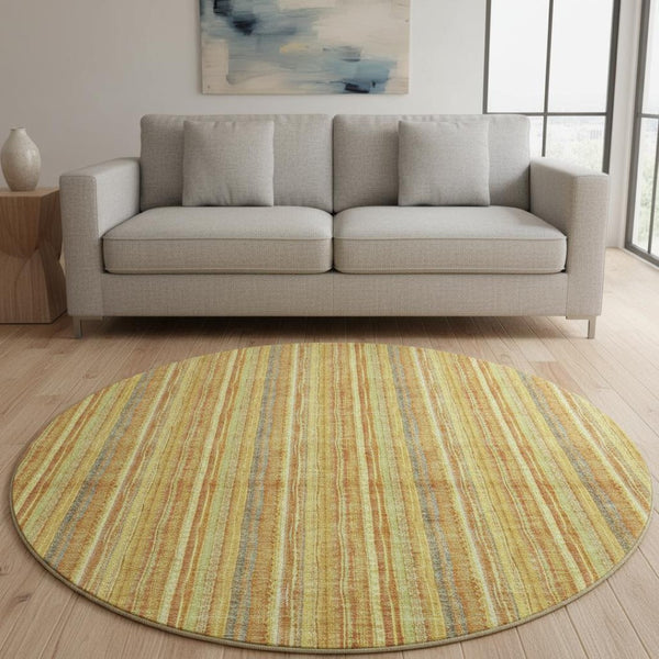HomeRoots 8' Washable Round Rug in Amber & Artichoke Green Stripes – UV Protected for Indoor & Outdoor Use 677552