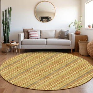 HomeRoots 8' Washable Round Rug in Amber & Artichoke Green Stripes – UV Protected for Indoor & Outdoor Use 677552