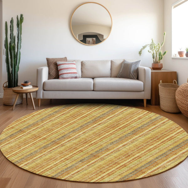 HomeRoots 8' Washable Round Rug in Amber & Artichoke Green Stripes – UV Protected for Indoor & Outdoor Use 677552