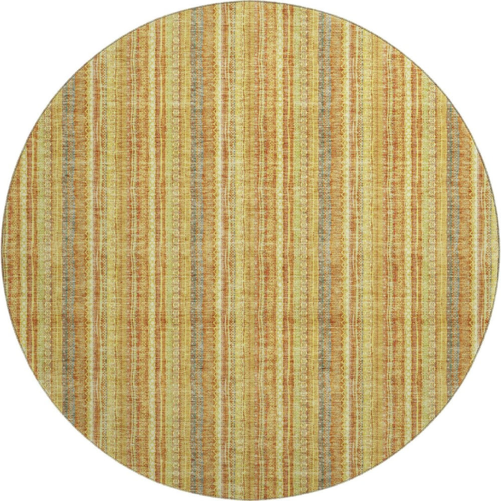 HomeRoots 8' Washable Round Rug in Amber & Artichoke Green Stripes – UV Protected for Indoor & Outdoor Use 677552