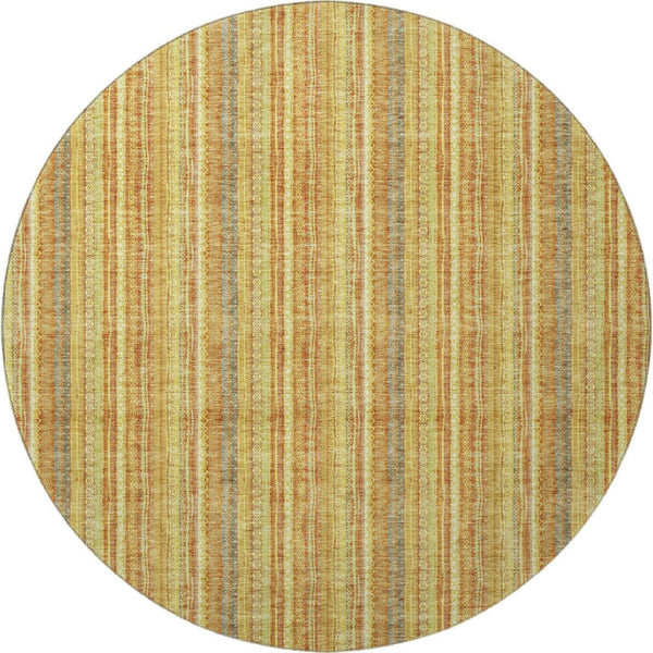 HomeRoots 8' Washable Round Rug in Amber & Artichoke Green Stripes – UV Protected for Indoor & Outdoor Use 677552