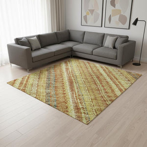 HomeRoots 8' X 10' Amber & Artichoke Green Striped Washable Area Rug - UV Protected, Stain Resistant & Stylish 677553