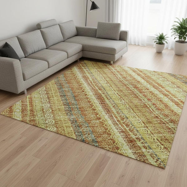 HomeRoots 9' X 12' Striped Washable Area Rug in Amber & Artichoke Green - UV Protected, Durable & Stylish! 677554