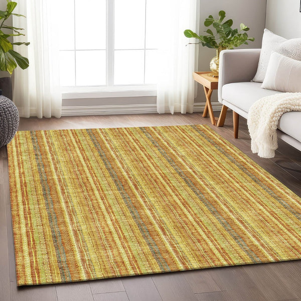 HomeRoots 9' X 12' Striped Washable Area Rug in Amber & Artichoke Green - UV Protected, Durable & Stylish! 677554