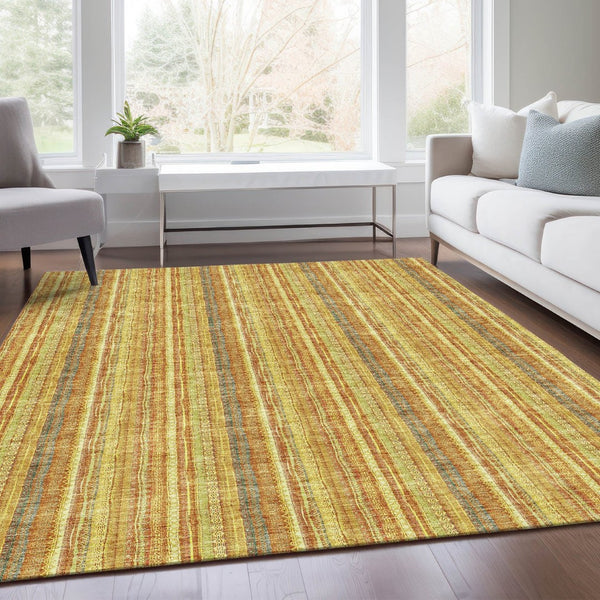 HomeRoots 9' X 12' Striped Washable Area Rug in Amber & Artichoke Green - UV Protected, Durable & Stylish! 677554