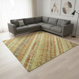 HomeRoots 10' X 14' Striped Washable Area Rug - Amber & Artichoke Green, UV-Protected & Stain-Resistant Design 677555