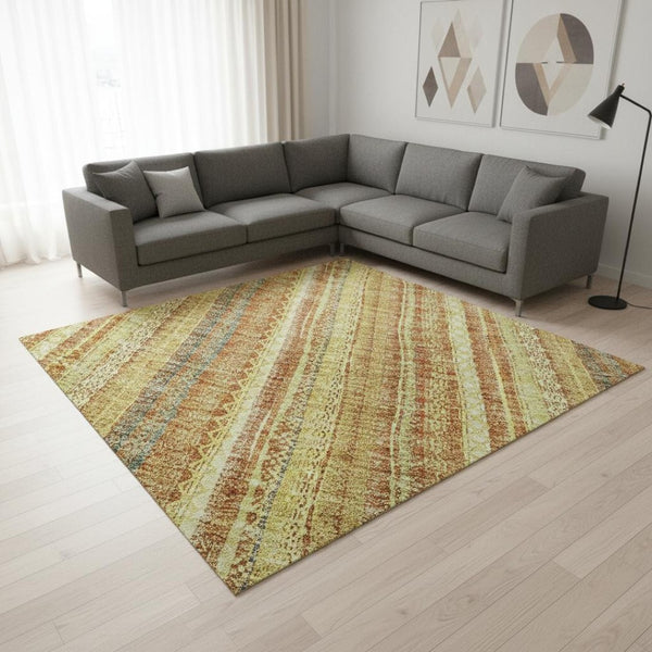 HomeRoots 10' X 14' Striped Washable Area Rug - Amber & Artichoke Green, UV-Protected & Stain-Resistant Design 677555