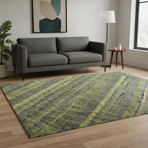HomeRoots 5' X 8' Olive Green & Navy Blue Striped Washable Area Rug with UV Protection for High-Traffic Areas 677557