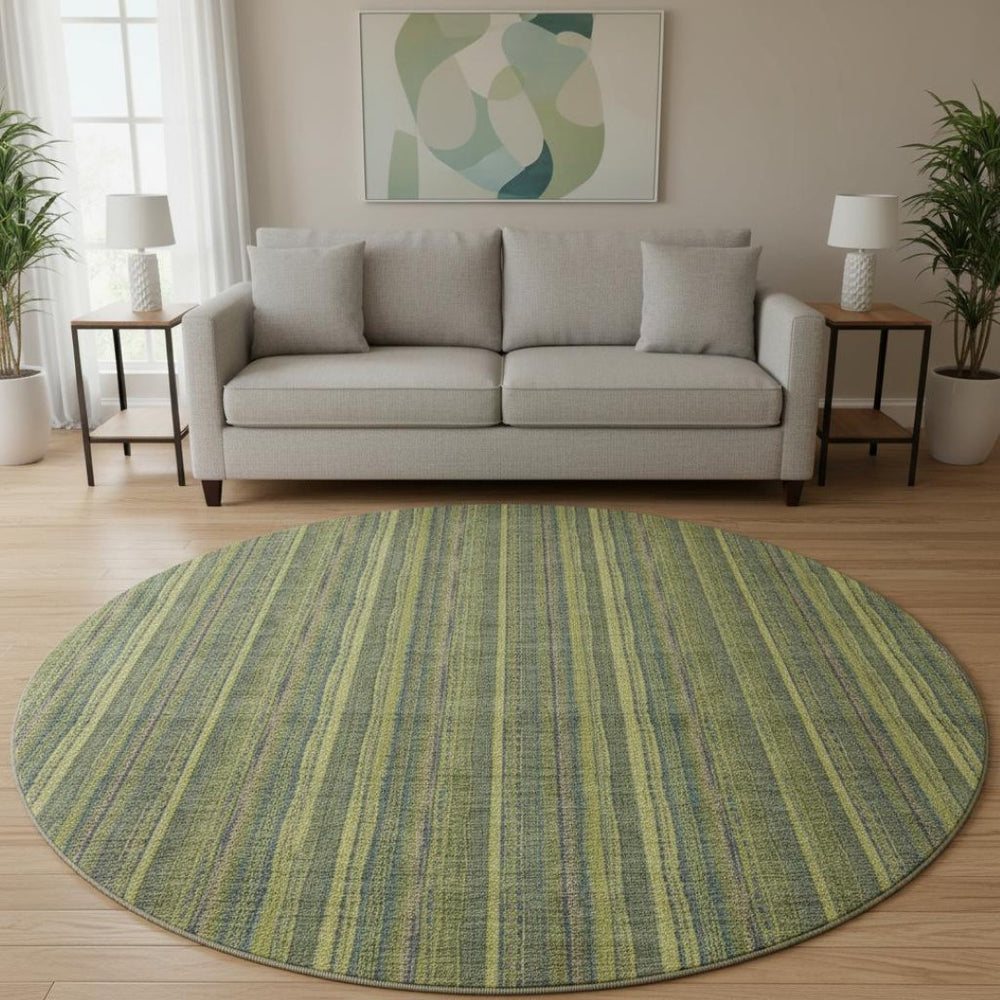 HomeRoots 8' Stylish Olive Green and Navy Blue Striped Washable Round Rug with UV Protection for Any Space 677558