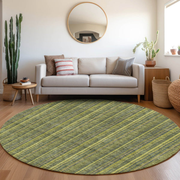 HomeRoots 8' Stylish Olive Green and Navy Blue Striped Washable Round Rug with UV Protection for Any Space 677558