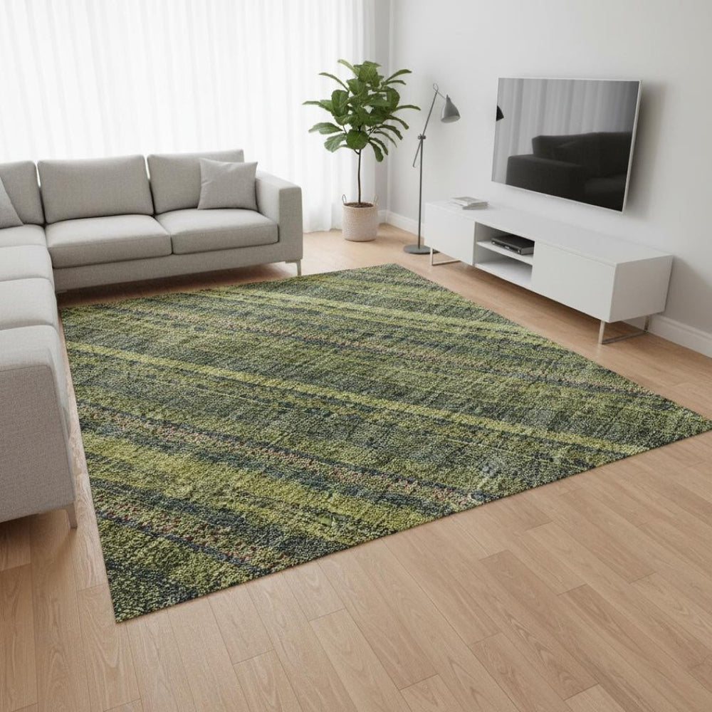 HomeRoots 8' X 10' Olive Green & Navy Blue Striped Area Rug - Washable, UV-Protected, Stain-Resistant Design 677559