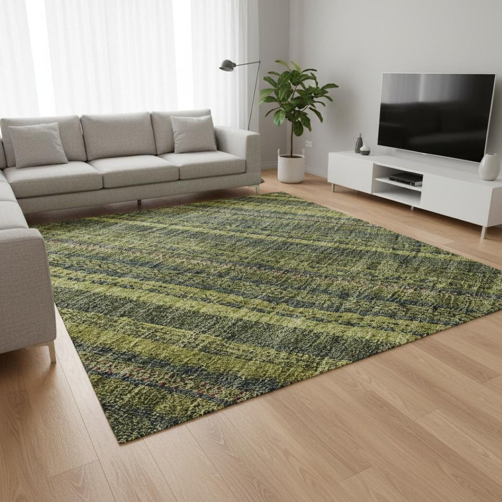 HomeRoots 9' X 12' Washable Olive Green & Navy Blue Striped Area Rug - Durable, UV Protected, Kid & Pet Friendly! 677560