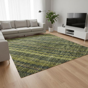 HomeRoots 9' X 12' Washable Olive Green & Navy Blue Striped Area Rug - Durable, UV Protected, Kid & Pet Friendly! 677560