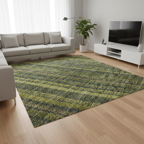 HomeRoots 9' X 12' Washable Olive Green & Navy Blue Striped Area Rug - Durable, UV Protected, Kid & Pet Friendly! 677560