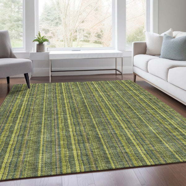 HomeRoots 10' Olive Green & Navy Blue Striped Washable Area Rug - Durable, UV Protected for Busy Homes! 677561