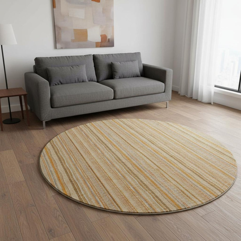 HomeRoots 8' Stylish Peach Beige & Orange Striped Washable Round Rug with UV Protection for Any Space 677564