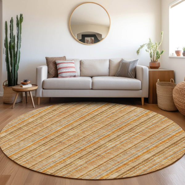 HomeRoots 8' Stylish Peach Beige & Orange Striped Washable Round Rug with UV Protection for Any Space 677564