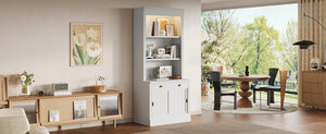 English Elm 83.4"Tall White Bookshelf Suite With Led Lighting, Sliding Doors & Drawers For Stylish Storage Solutions N751S059620K
