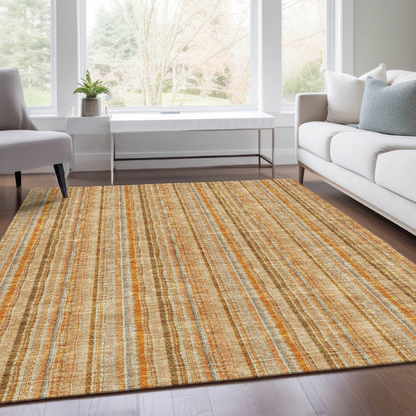 HomeRoots 9' X 12' Peach Beige & Orange Striped Area Rug - Washable, UV Protected, Stylish for Homes & Pets 677566