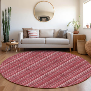 HomeRoots 8' Pink and Ivory Striped Washable Round Rug with UV Protection - Soft, Stylish, Durable Design for Homes 677570