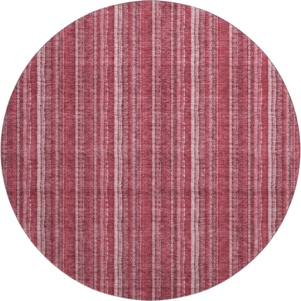 HomeRoots 8' Pink and Ivory Striped Washable Round Rug with UV Protection - Soft, Stylish, Durable Design for Homes 677570