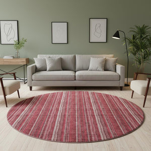 HomeRoots 8' Pink and Ivory Striped Washable Round Rug with UV Protection - Soft, Stylish, Durable Design for Homes 677570