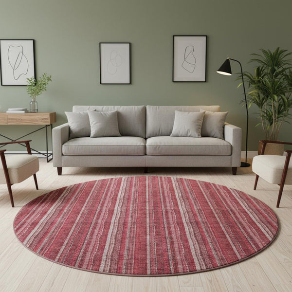 HomeRoots 8' Pink and Ivory Striped Washable Round Rug with UV Protection - Soft, Stylish, Durable Design for Homes 677570