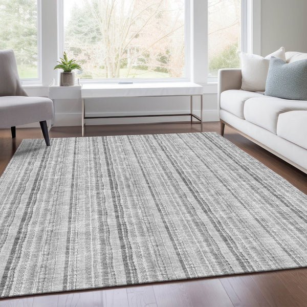 HomeRoots 5' X 8' Silver And Gray Striped Area Rug – Durable, Washable, UV-Protected for Stylish Living Spaces 677575