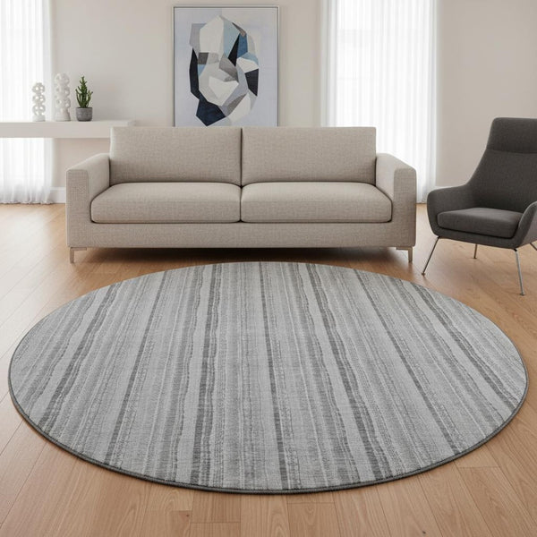 HomeRoots 8' Stylish Silver and Gray Striped Washable Round Rug with UV Protection for High-Traffic Areas 677576