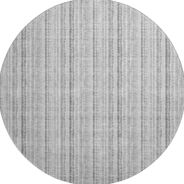 HomeRoots 8' Stylish Silver and Gray Striped Washable Round Rug with UV Protection for High-Traffic Areas 677576