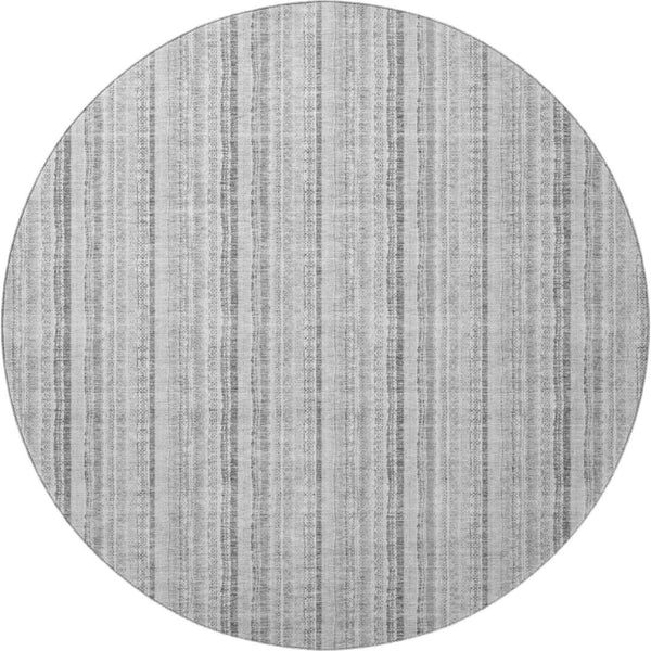 HomeRoots 8' Stylish Silver and Gray Striped Washable Round Rug with UV Protection for High-Traffic Areas 677576