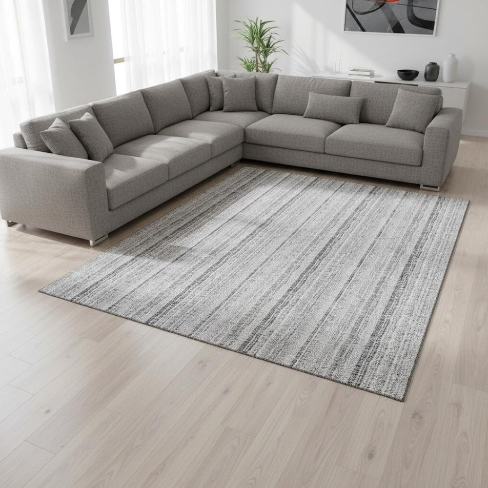 HomeRoots 8' X 10' Silver and Gray Striped Area Rug - Washable, UV-Protected, Perfect for Kids & Pets! 677577