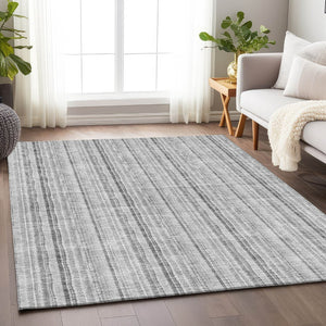 HomeRoots 9' X 12' Silver and Gray Striped Washable Area Rug - UV Protected, Stain Resistant for Busy Homes 677578