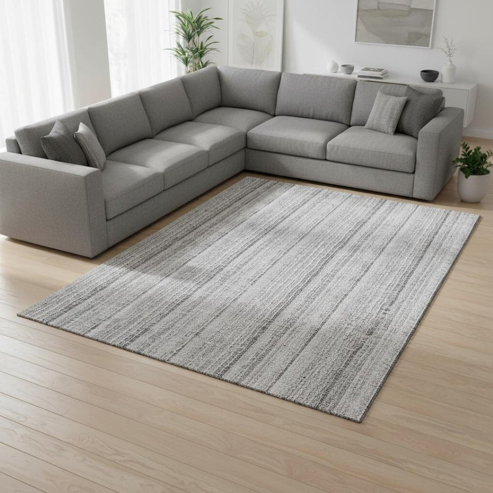 HomeRoots 10' X 14' Chic Silver and Gray Striped Washable Area Rug – UV Protected, Stain-Resistant Elegance 677579