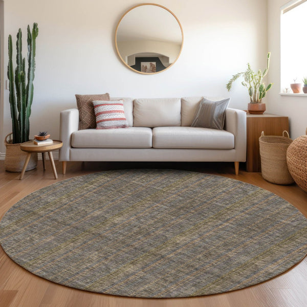 HomeRoots 8' Washable Round Rug in Taupe & Olive Green Stripes – Durable, UV-Protected, Perfect for Busy Homes! 677582
