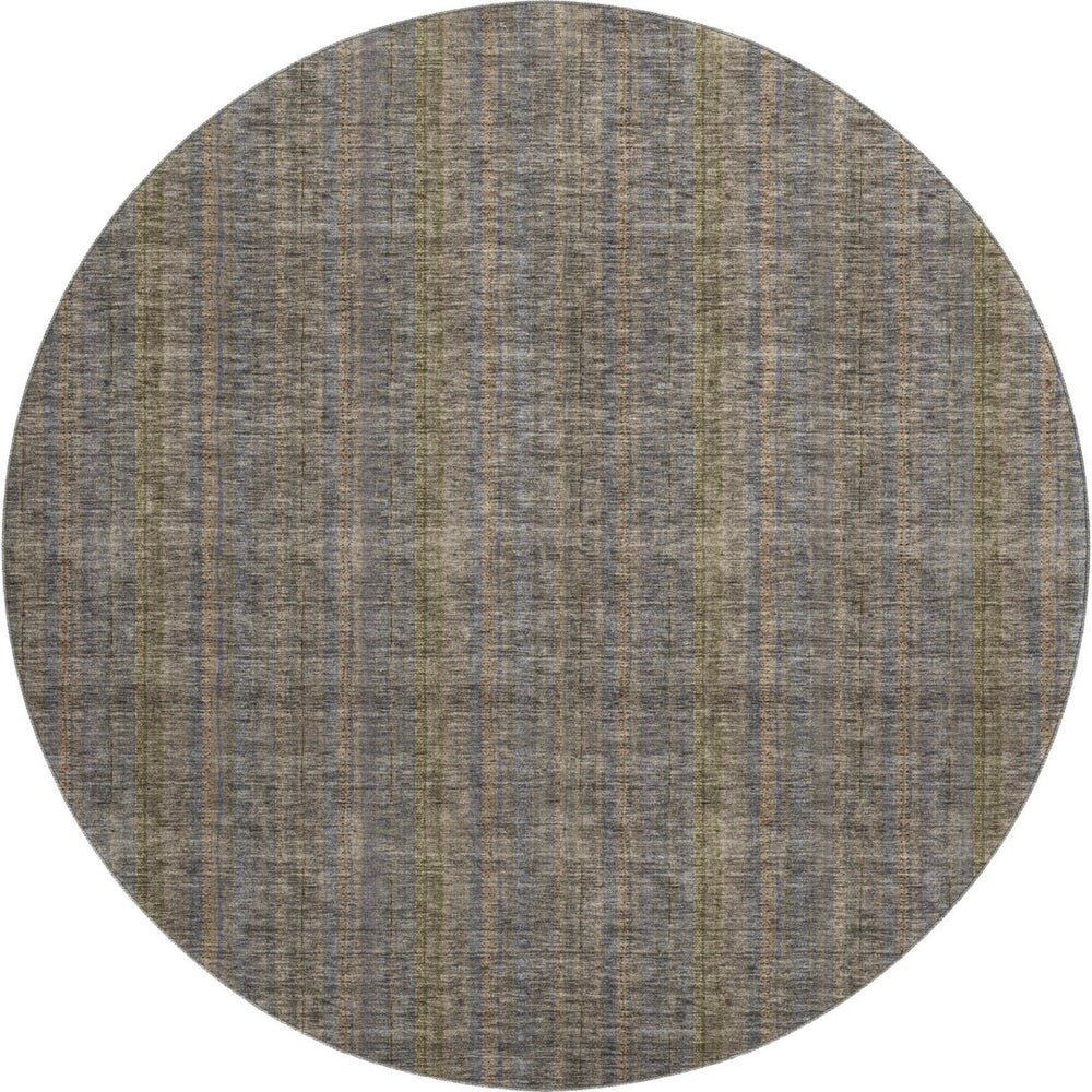 HomeRoots 8' Washable Round Rug in Taupe & Olive Green Stripes – Durable, UV-Protected, Perfect for Busy Homes! 677582