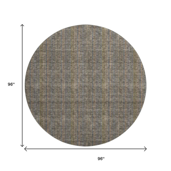 HomeRoots 8' Washable Round Rug in Taupe & Olive Green Stripes – Durable, UV-Protected, Perfect for Busy Homes! 677582