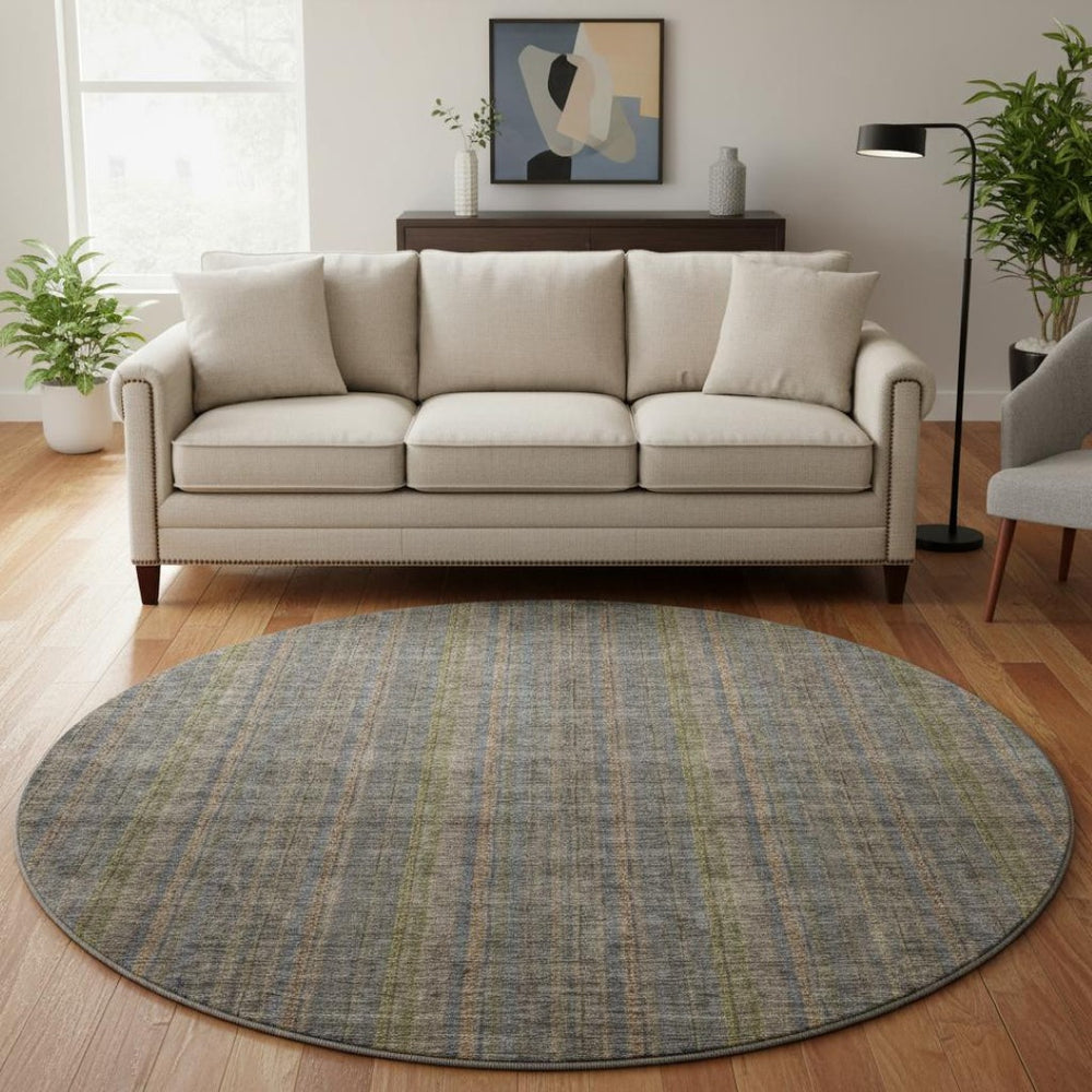 HomeRoots 8' Washable Round Rug in Taupe & Olive Green Stripes – Durable, UV-Protected, Perfect for Busy Homes! 677582