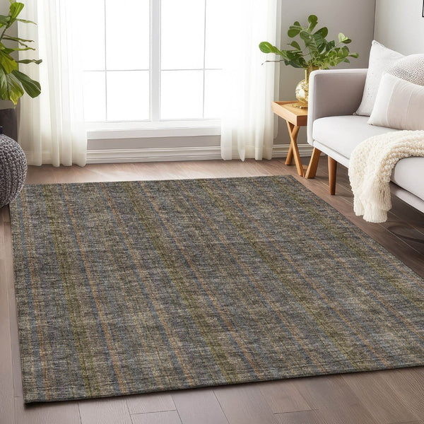HomeRoots 8' X 10' Stylish Taupe & Olive Green Striped Area Rug – Washable, UV-Protected for Busy Homes! 677583