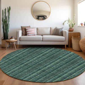 HomeRoots 8' Stylish Teal and Mint Green Striped Washable Round Rug with UV Protection for Indoor & Outdoor Use 677588