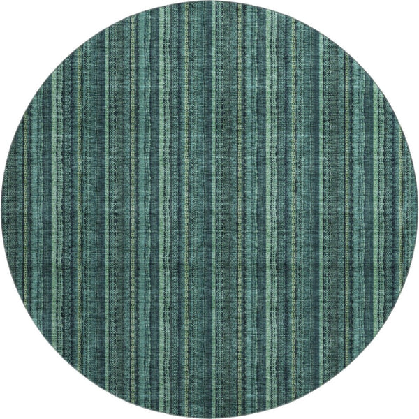 HomeRoots 8' Stylish Teal and Mint Green Striped Washable Round Rug with UV Protection for Indoor & Outdoor Use 677588